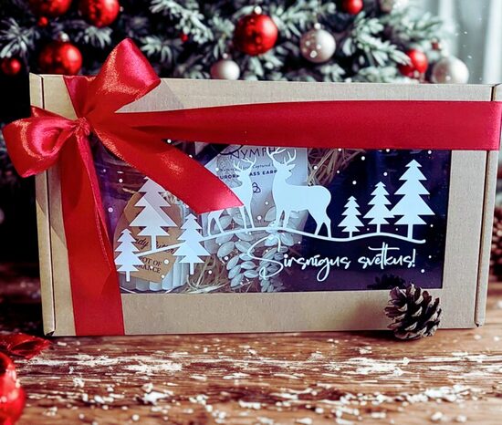 Ziemassvētku dāvanu komplekts – garie stikla auskari “Aurora”, opalīta rokassprādze un sojas svece